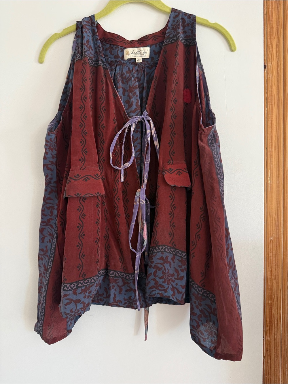 Boho Tie-Front Sleeveless Tank Top in Burgundy and Slate Blue